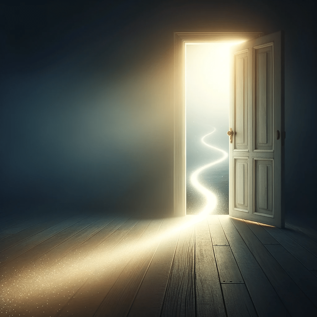 Une porte ouverte menant à un chemin lumineux, symbolisant l'opportunité et le voyage vers l'excellence.
