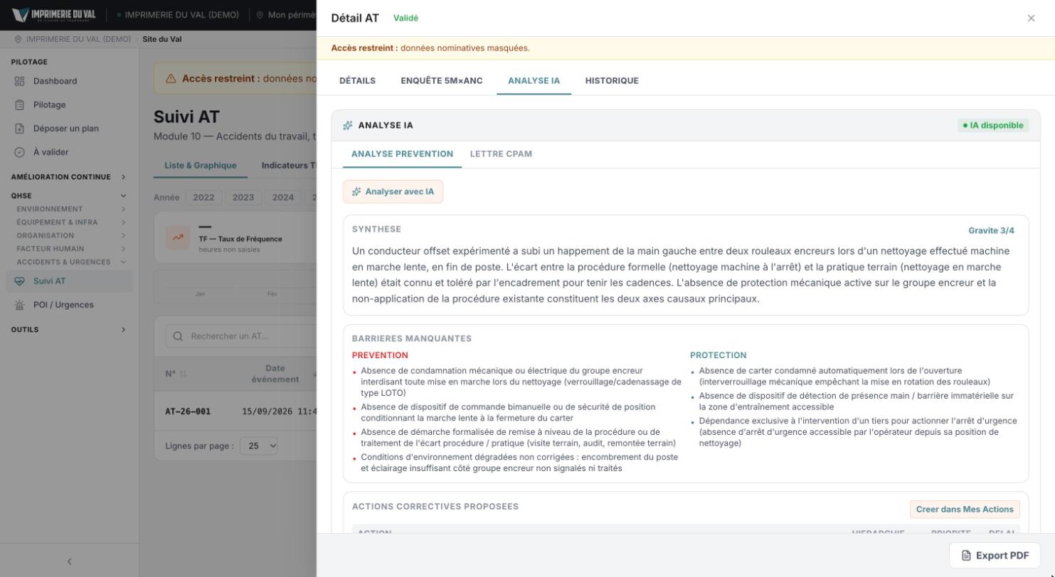 COBEL App, compte de démonstration : analyse d’un accident du travail par l’IA, synthèse, barrières manquantes et actions correctives