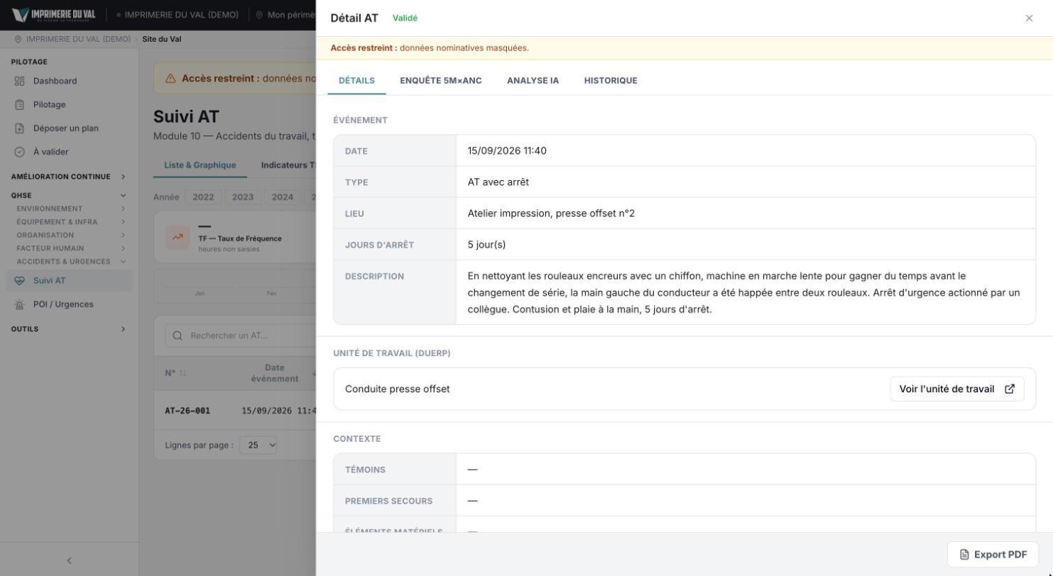 COBEL App, compte de démonstration : fiche d’un accident du travail reliée à l’unité de travail du document unique