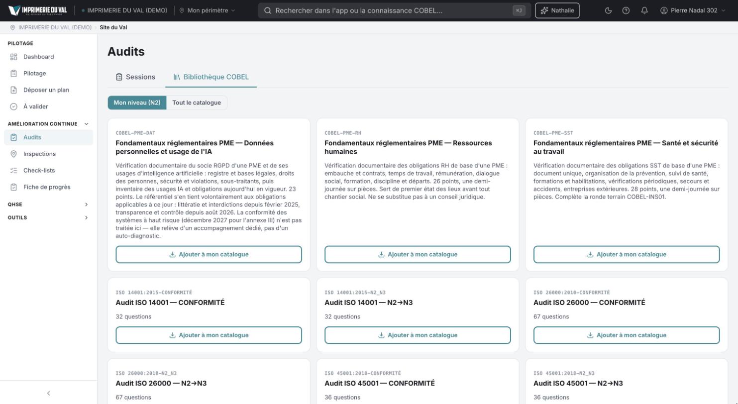 COBEL App, compte de démonstration : bibliothèque de référentiels d’audit (fondamentaux PME, ISO 14001, ISO 26000, ISO 45001)