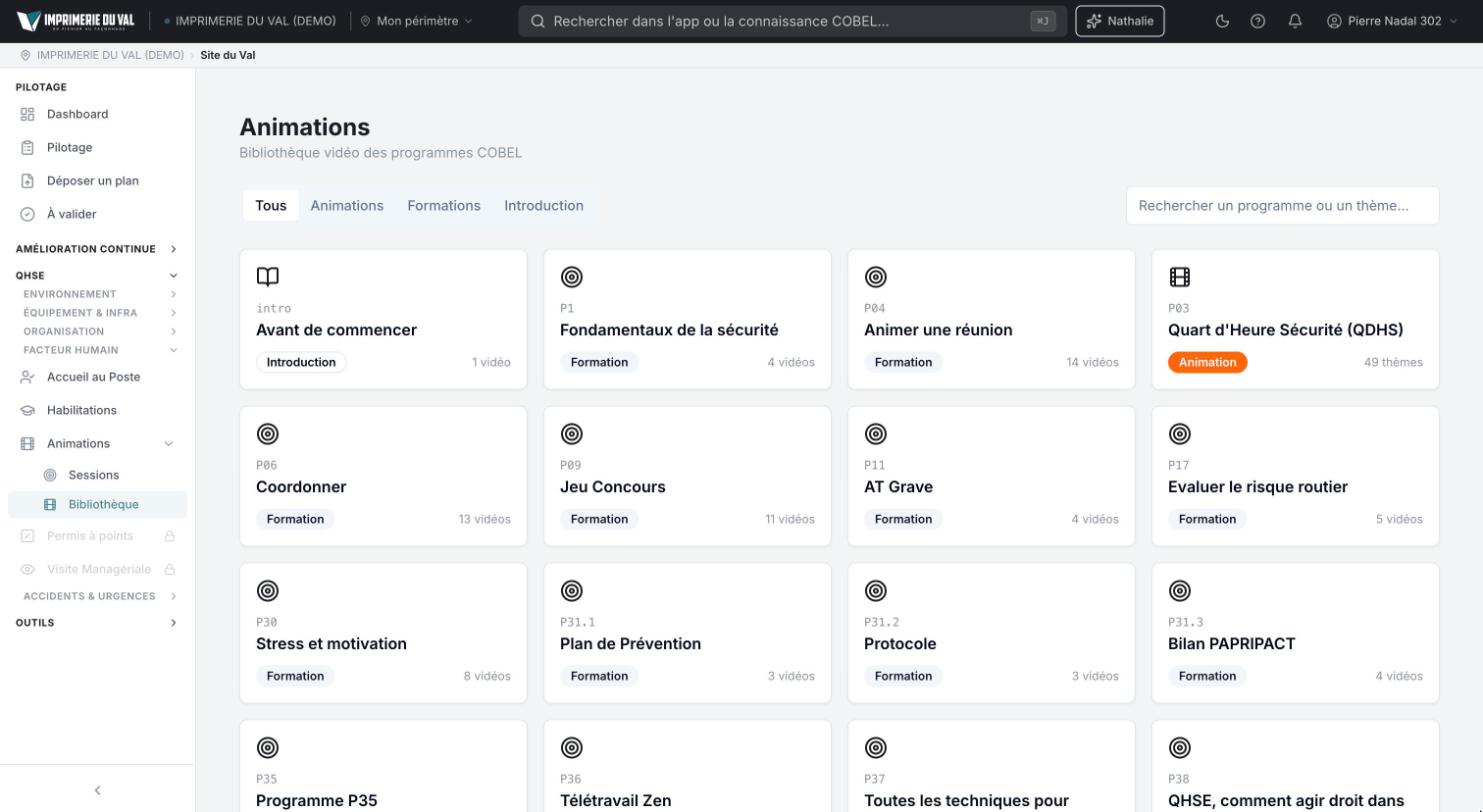 COBEL App, compte de démonstration : bibliothèque d’animations et de quarts d’heure sécurité