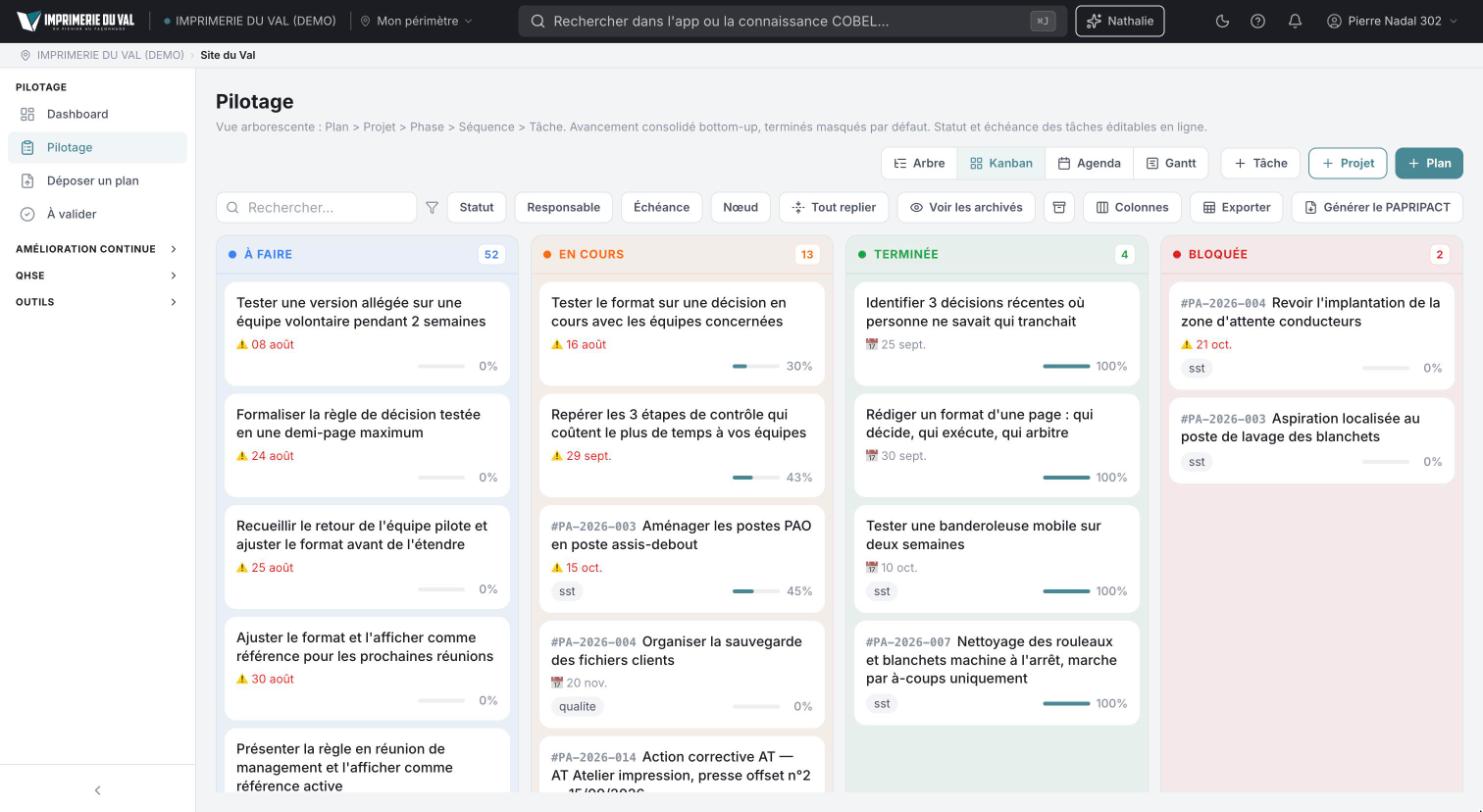 COBEL App, compte de démonstration : plan d’action en vue kanban avec responsables et échéances