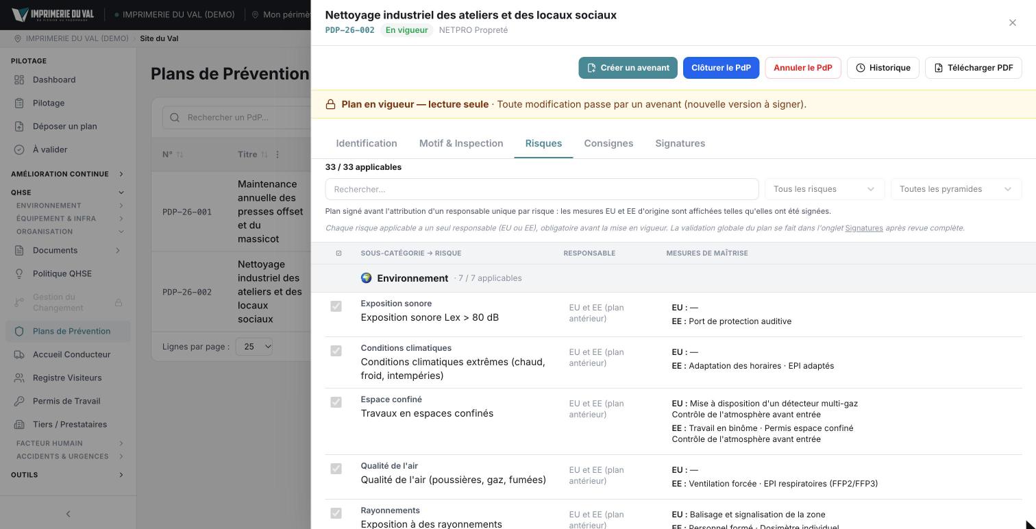 COBEL App, compte de démonstration : risques d’un plan de prévention avec les mesures de l’entreprise utilisatrice et de l’entreprise extérieure