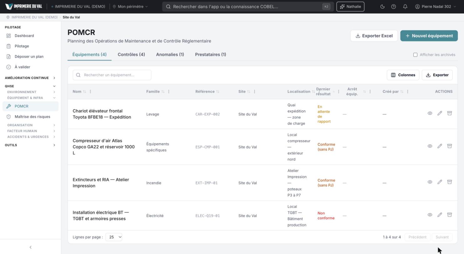 COBEL App, compte de démonstration : planning des contrôles réglementaires (POMCR) avec équipements, localisation et résultat du dernier contrôle