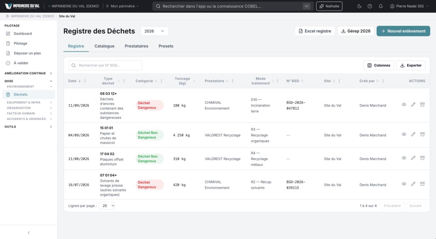 COBEL App, compte de démonstration : registre des déchets avec codes déchets, bordereaux de suivi (BSD), modes de traitement et export Gérep